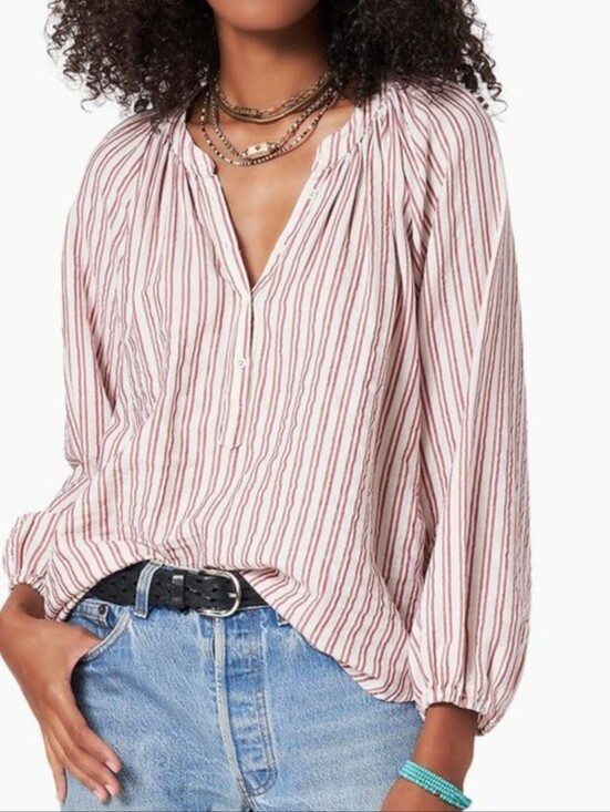 XiRENA Tops - Xirena Aerin Top Striped Blouse Sz M Button Up Pink  White Boho Classic‎ Relaxed